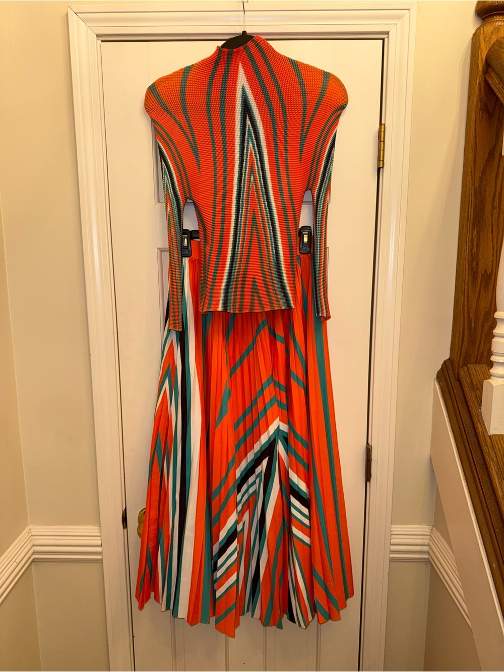 Orange Teal Pleated Mock Neck Top & Maxi Skirt 2 Piece Set
